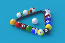 Billiard Balls And Plastic Triangle. Game For Leisure. Sports Equipment. 3d Render