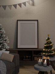 Blank frame mockup on cabinet in modern and cozy home living room on Christmas Day.