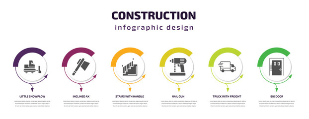  construction infographic template with icons and 6 step or option. construction icons such as little snowplow, inclined ax, stairs with handle, nail gun, truck with freight, big door vector. can be