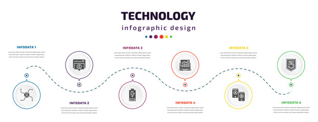 Canvas Print - technology infographic element with icons and 6 step or option. technology icons such as affiliate marketing, user-generated content, battery levels, analysis process, a/b testing, css3 vector. can