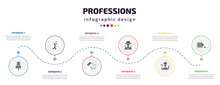 Professions Infographic Element With Icons And 6 Step Or Option. Professions Icons Such As Journalist, Cricket Player, Barber, Hunter, Cooker, Guide Vector. Can Be Used For Banner, Info Graph, Web,
