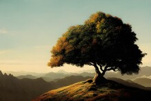 A Lone Tree Grows On A Hill. Can Show Leadership, Overcoming Adversity, Inspiration. 