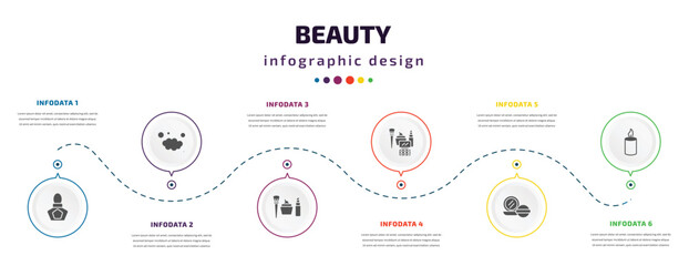 Wall Mural - beauty infographic element with icons and 6 step or option. beauty icons such as french perfume, foam, women makeup, makeup, powder, candle light vector. can be used for banner, info graph, web,