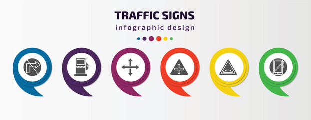 traffic signs infographic template with icons and 6 step or option. traffic signs icons such as no turn, gas station, crossroads, intersection, hump, no mobile phone vector. can be used for banner,