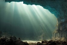 In An Underwater Cave At The Bottom Of The Sea Are The Remains Of The Temple Of Ancient Culture. 3D Rendering