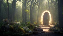 In The Forest Between The Trees Among The Flowers Stands A Stone Portal To Another World. 3D Illustration