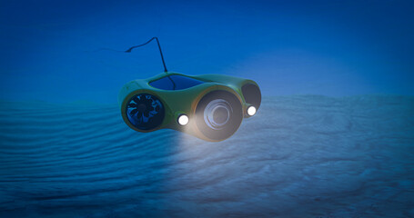 Underwater drone in action - the concept of a diving device with cameras and lighting for filming the underwater world - 3d render