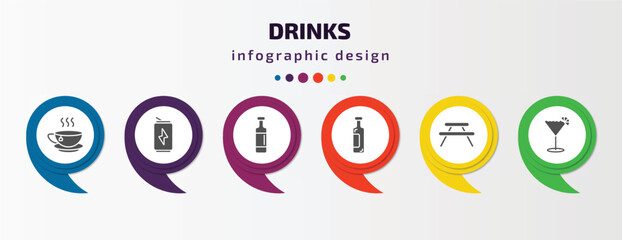 Wall Mural - drinks infographic template with icons and 6 step or option. drinks icons such as tea, energy drink, wine bottles, wine, picnic table, sidecar drink vector. can be used for banner, info graph, web,