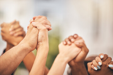 Diversity, community collaboration and holding hands in air strong together or racial empowerment march. Peace protest, trust teamwork and friendship help or friends, group or support human rights