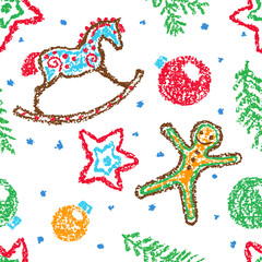 Seamless Christmas pattern with rocking horse and gingerbread cookie, ball. Hand drawing cute cartoon background. Fir tree and snow. Crayon, pastel chalk, kid pencil funny doodle simple vector stroke