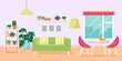 © Daria - Home plants in the living room, colorful interior with indoor plants, sofa and dining room