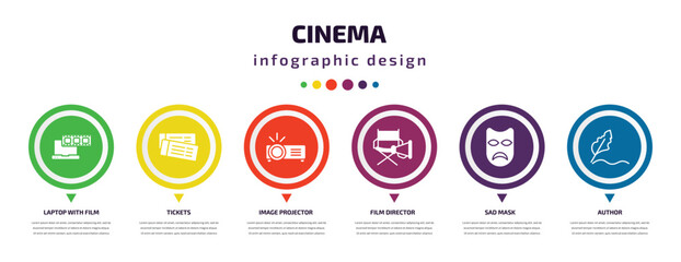 Wall Mural - cinema infographic element with icons and 6 step or option. cinema icons such as laptop with film st