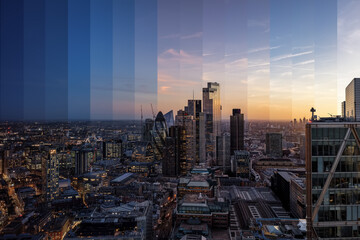 Wall Mural - Conceptual, sliced day to night time lapse view of the financial office skyscrapers at the City of London, United Kingdom