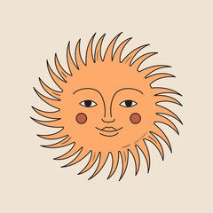 Wall Mural - Abstract vector illustration of bohemian sun with face. 70s and 80s nature element in groovy style. Cartoon symbol of summer in seventies style. Hand drawn vintage drawing