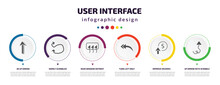 User Interface Infographic Element With Icons And 6 Step Or Option. User Interface Icons Such As 3d Up Arrow, Swirly Scribbled Arrow, Rear Window Defrost, Turn Left Only, Improve Incomes, Up Arrow