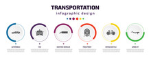 Transportation Infographic Element With Icons And 6 Step Or Option. Transportation Icons Such As Automobile, Taxi, Eighteen-wheeler, Train Front, Vintage Bicycle, Jumbo Jet Vector. Can Be Used For