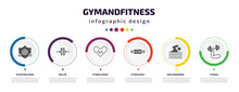 Gymandfitness Infographic Element With Icons And 6 Step Or Option. Gymandfitness Icons Such As Elevation Mask, Roller, Fitness Heart, Fitness Belt, Man Swimming, Fitness Vector. Can Be Used For