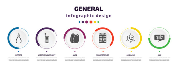 Wall Mural - general infographic element with icons and 6 step or option. general icons such as nippers, laser measurement, nuts, smart speaker, organism, quiz vector. can be used for banner, info graph, web,