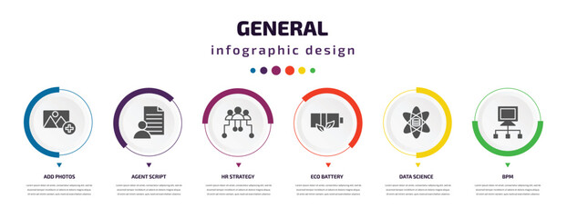 general infographic element with icons and 6 step or option. general icons such as add photos, agent script, hr strategy, eco battery, data science, bpm vector. can be used for banner, info graph,