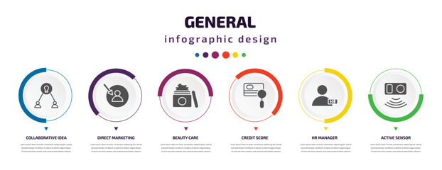 Wall Mural - general infographic element with icons and 6 step or option. general icons such as collaborative idea, direct marketing, beauty care, credit score, hr manager, active sensor vector. can be used for