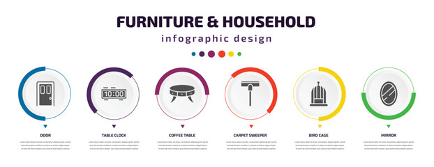 Wall Mural - furniture & household infographic element with icons and 6 step or option. furniture & household icons such as door, table clock, coffee table, carpet sweeper, bird cage, mirror vector. can be used