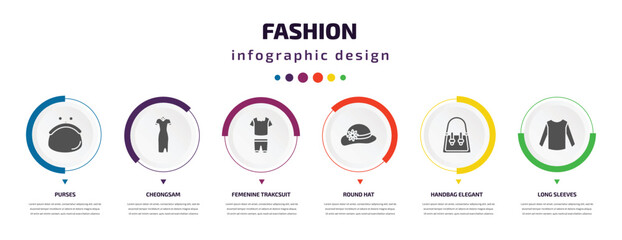 fashion infographic element with icons and 6 step or option. fashion icons such as purses, cheongsam, femenine trakcsuit, round hat, handbag elegant de, long sleeves vector. can be used for banner,