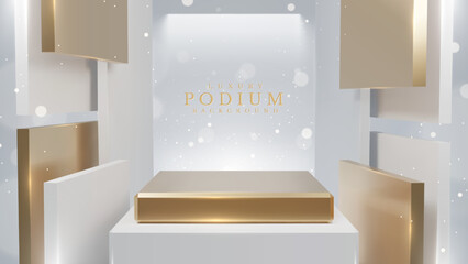 Wall Mural - Product display podium with white square geometric shape elements and gold with bokeh decoration and glitter light effect. Realistic luxury style design. Vector illustration.