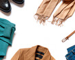 Stylish casual warm clothes and accessories for everyday wear flat lay. Top view. Copy space