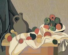 An Illustration Of A Jug And A Bowl Of Fruit Inspired By Cezanne.
