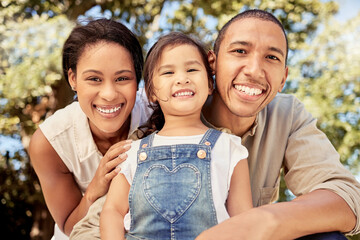 Love, smile and happy family portrait outdoor in a forest, park or woods with hug, bonding and care. Latino woman, man and girl enjoy summer in nature, happiness and smiling people together in Brazil