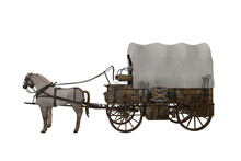 Old Western Style Covered Wagon Pulled By Two White Horses. 3D Illustration Isolated On Transparent Background.