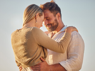 Wall Mural - Love, couple and being happy for marriage, romantic vacation and smile together for anniversary. Romance, man and woman doing embrace, holding each other and being intimate for relationship on travel