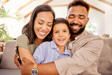 Wall Mural - Love, family and happiness, couple and child hug on sofa in living room in home. Woman, man with eyes closed and kid with smile for support, trust and hope for happy future for mother, father and son