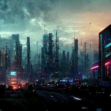 AI Generated Digital Art Of A Post-apocalyptic Futuristic City With Thin Half-ruined Buildings