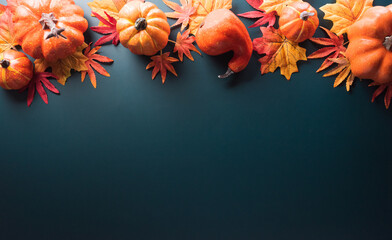 Wall Mural - thanksgiving and autumn decoration concept made from autumn leaves and pumpkin on dark background. f