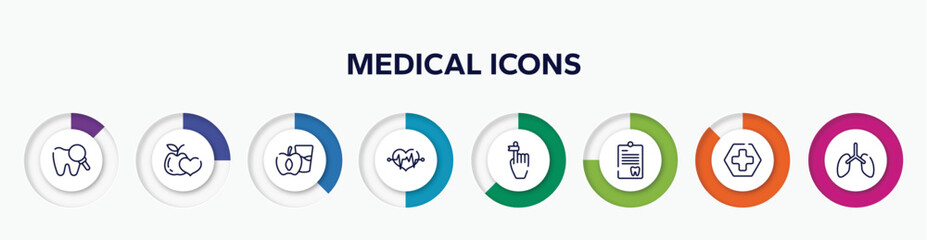 infographic element with medical icons outline icons. included zoom on tooth, healthy food for heart health care, diet for health, lifeline in a heart, hand finger with a ribbon, note on a