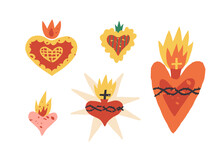 Vector Sacred Heart Clipart Set. Flaming Heart With Holy Fire, Encircled By The Crown Of Thorns, Surmounted By A Cross