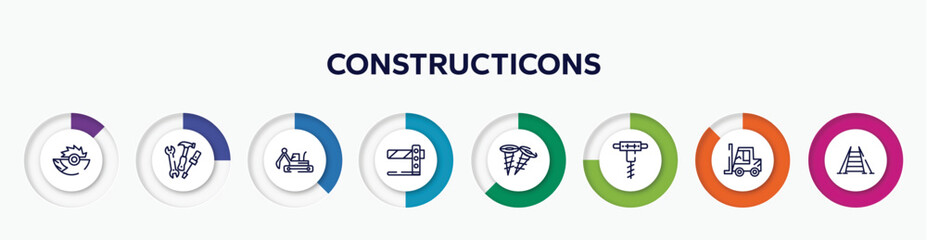 infographic element with constructicons outline icons. included saw half cogwheel, three tools, excavator hine arm, road barrier, two screws, pickaxes drilling, forklift tool, double ladder vector.