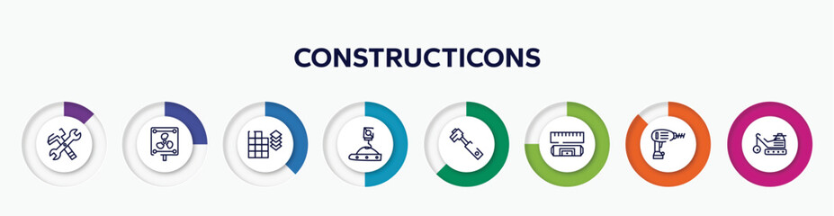 Wall Mural - infographic element with constructicons outline icons. included work tools cross, vent, tiles detail of construction, crane hand drawn tool, tool diagonal, rule and level, drill, derrick with ball