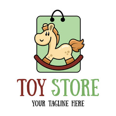 Wall Mural - Cute funny wooden rocking horse toy mascot or logo. Toy store sign.