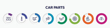 Infographic Element With Car Parts Outline Icons. Included Car Sunroof Or Sunshine Roof, Car Dipstick, Taiate, Oil Pump, Mud Flap, Hubcap, Choke, Rear-view Mirror Vector.