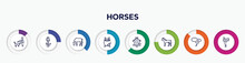 Infographic Element With Horses Outline Icons. Included Man Combing A Dog, Tulips, Horse Grazing, Cauldron, Birds House, Horse Standing, Cloud And Lightnings, Horse Saddle Vector.