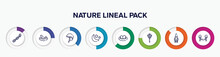 Infographic Element With Nature Lineal Pack Outline Icons. Included Chains, Bird In Nest, Jockey Hat, Moon And Stars, Nest With Eggs, Trident, Gnome, Hammock Vector.