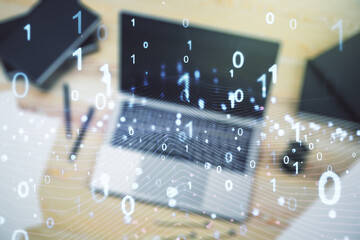 Wall Mural - creative concept of binary code illustration on modern laptop background. big data and coding concep