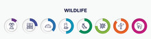 Infographic Element With Wildlife Outline Icons. Included Fountain, Zoo, Hive, Veterinarian, Bow And Arrow, Cobweb, Direction, Chimpanzee Vector.