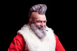 Tobacco smoking crazy Santa claus with mohawk. Dangerous gray-haired old man Santa. New Year and Christmas in the company of an unusual bad Santa