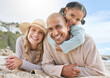 © J Maas/peopleimages.com - Relax, smile and travel with family at beach for summer, vacation and happy lifestyle together. Holiday, nature and diversity with portrait of man, woman and girl in sand for youth and happiness