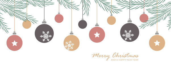 Poster - merry christmas card with hanging ball decoratoin and fir branches