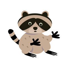 Wall Mural - Cute raccoon in cartoon style. Character for postcards, books for children. Vector illustration, icon on isolated background.