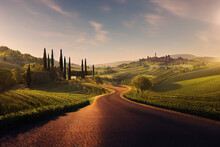 AI Generated Image Of Tuscany Landscape With Grain Fields And Cypress Trees